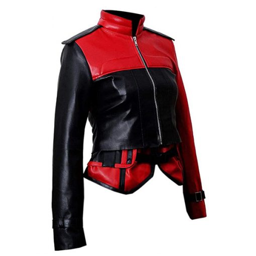 Harley Quinn Leather Motorcycle Red and Black Jacket Cosplay Coat From Yicosplay